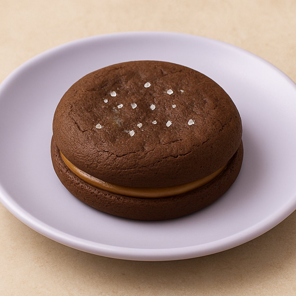 Adventurefuls brownie-inspired cookie with caramel crème and sea salt on lavender plate.